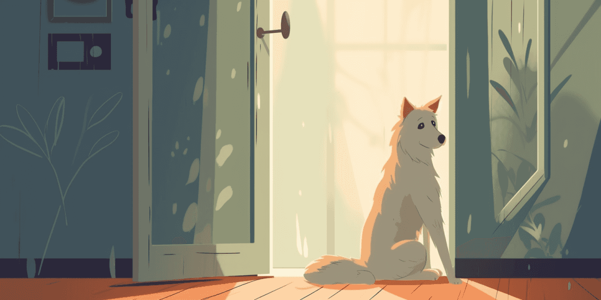 Illustration of a dog sitting by an open door