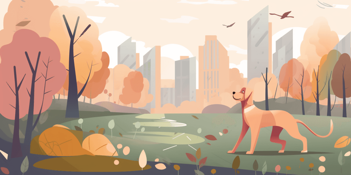 Illustration of a dog walking in a city park