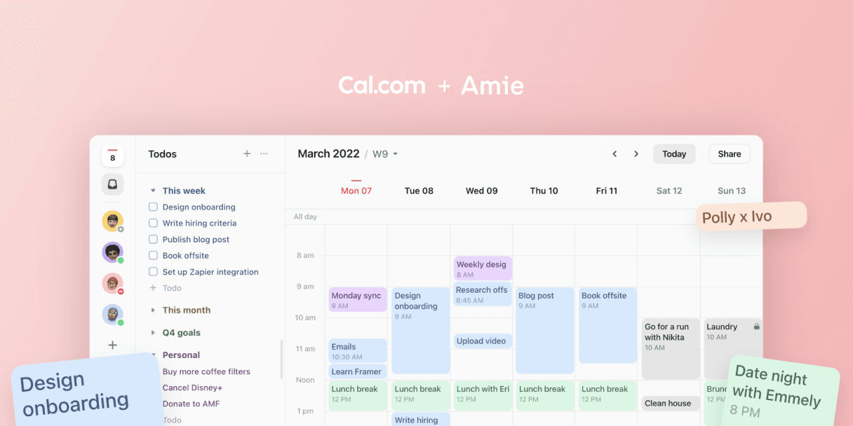 Cal.com and Amie calendar app with sticky notes