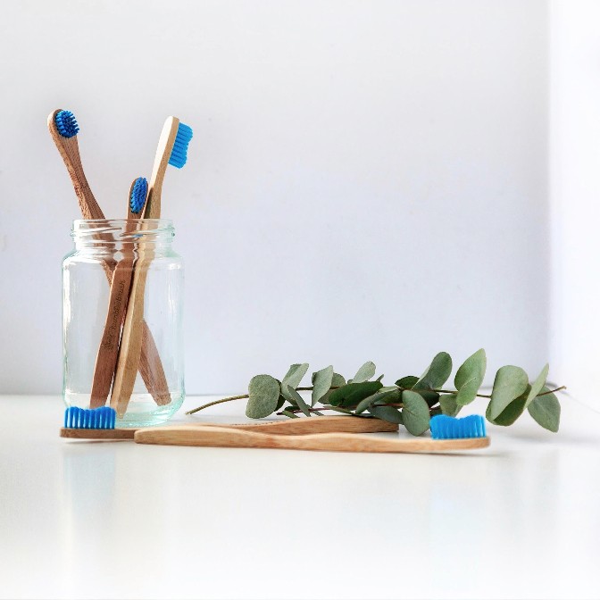 Bamboo toothbrushes in a jar beside a eucalyptus sprig