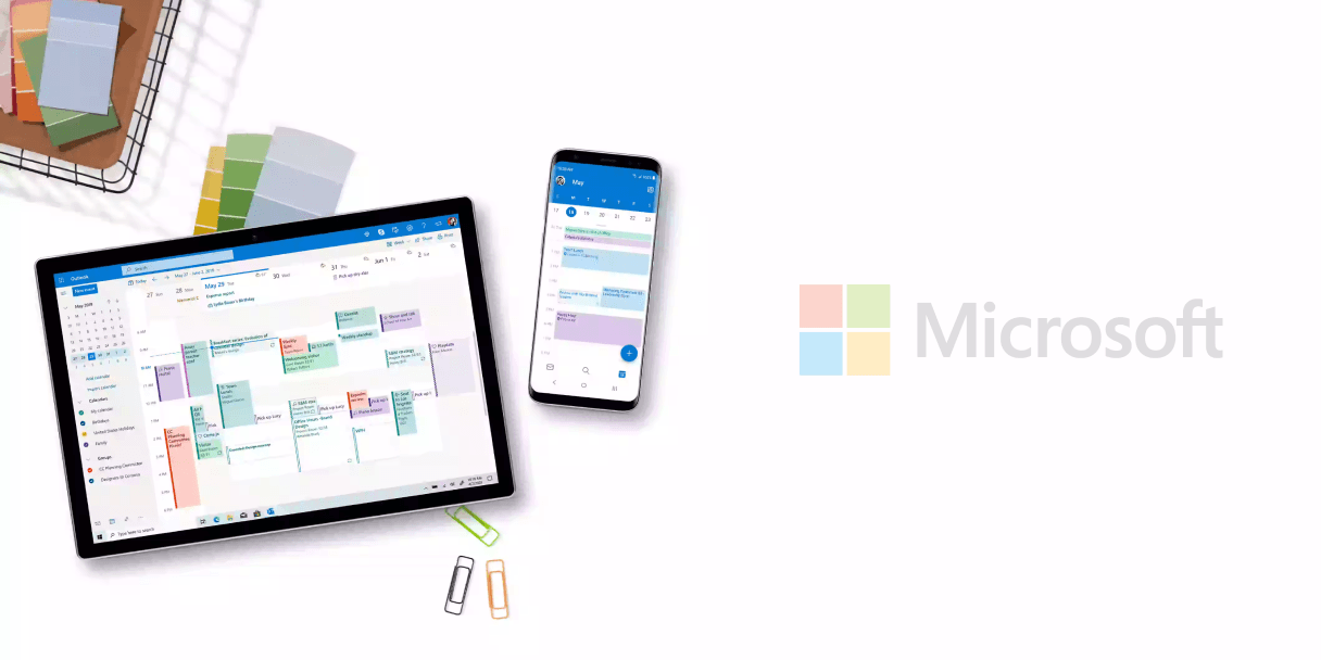 Outlook calendar on tablet and phone with Microsoft logo