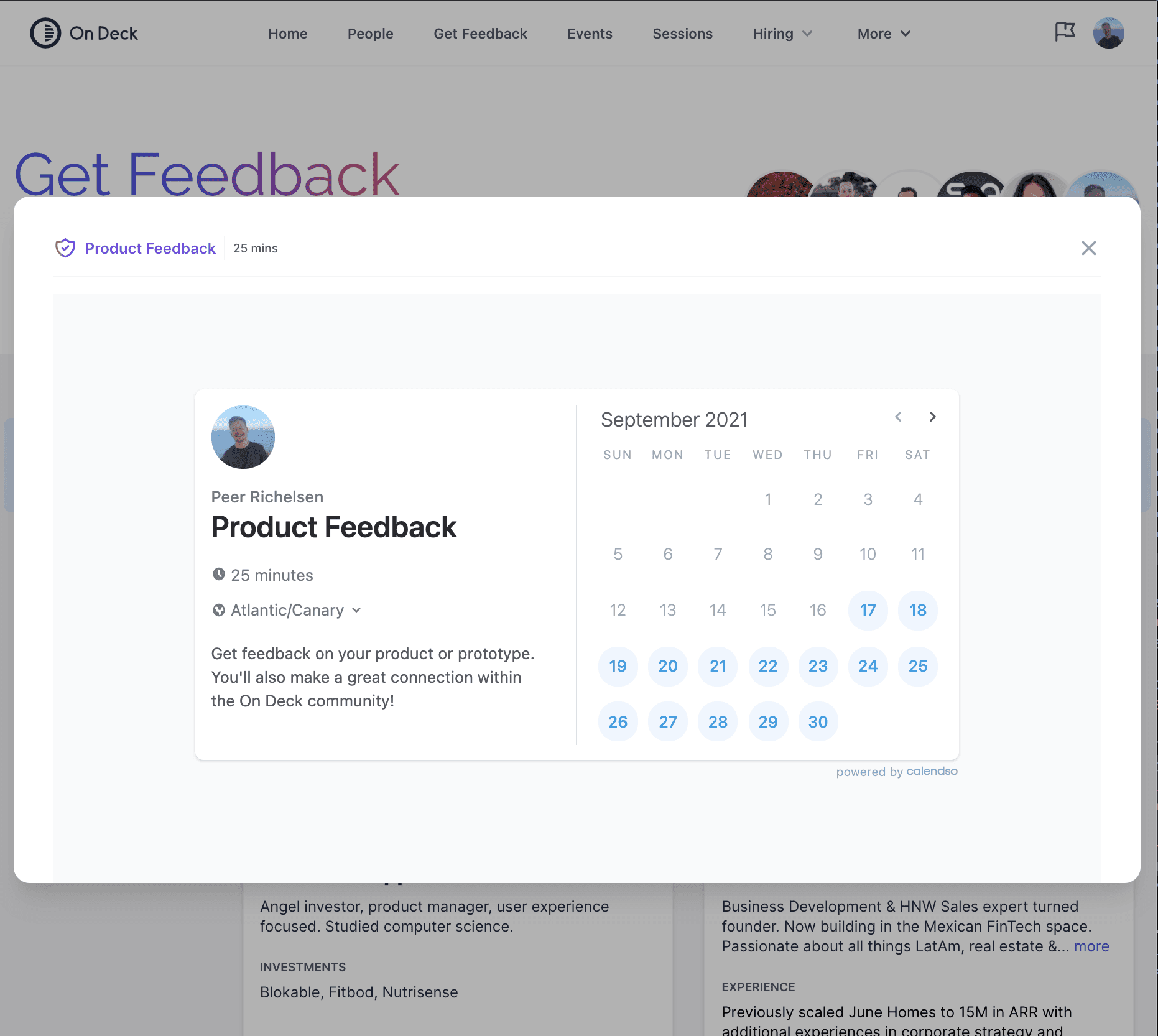 On Deck website booking modal screenshot