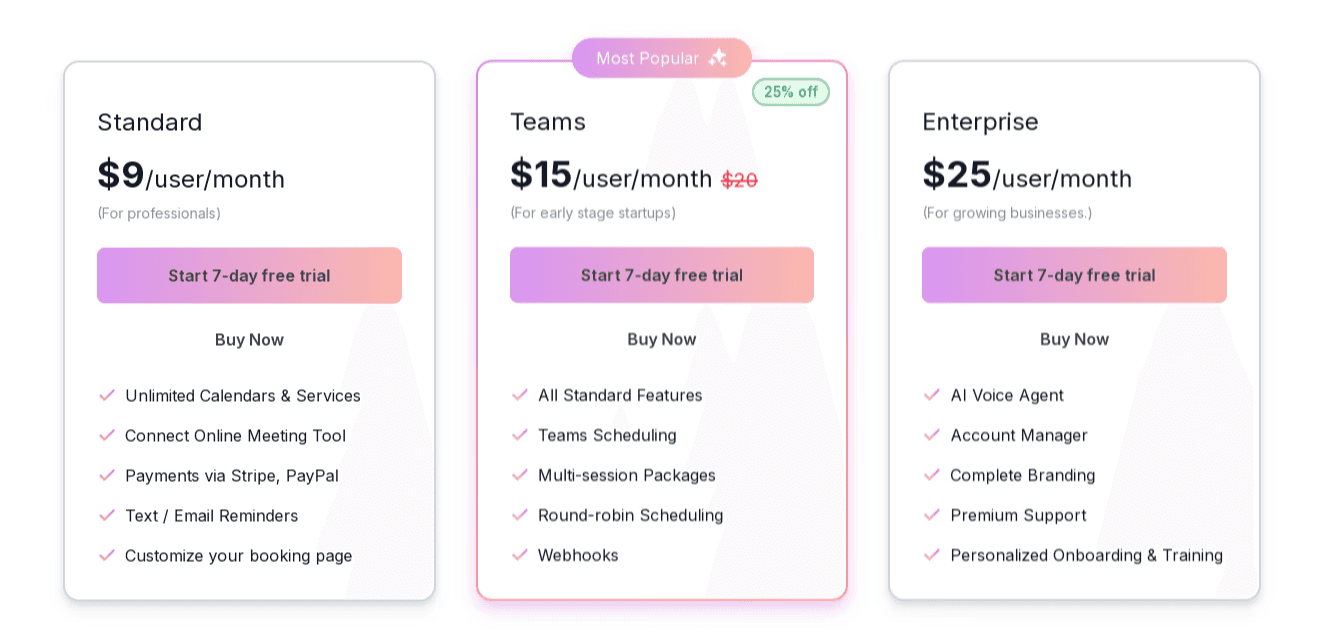 Pricing table with Standard, Teams, and Enterprise plans