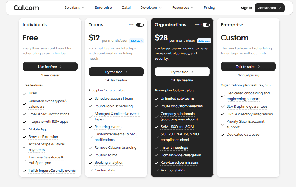Cal.com pricing plans comparison screenshot