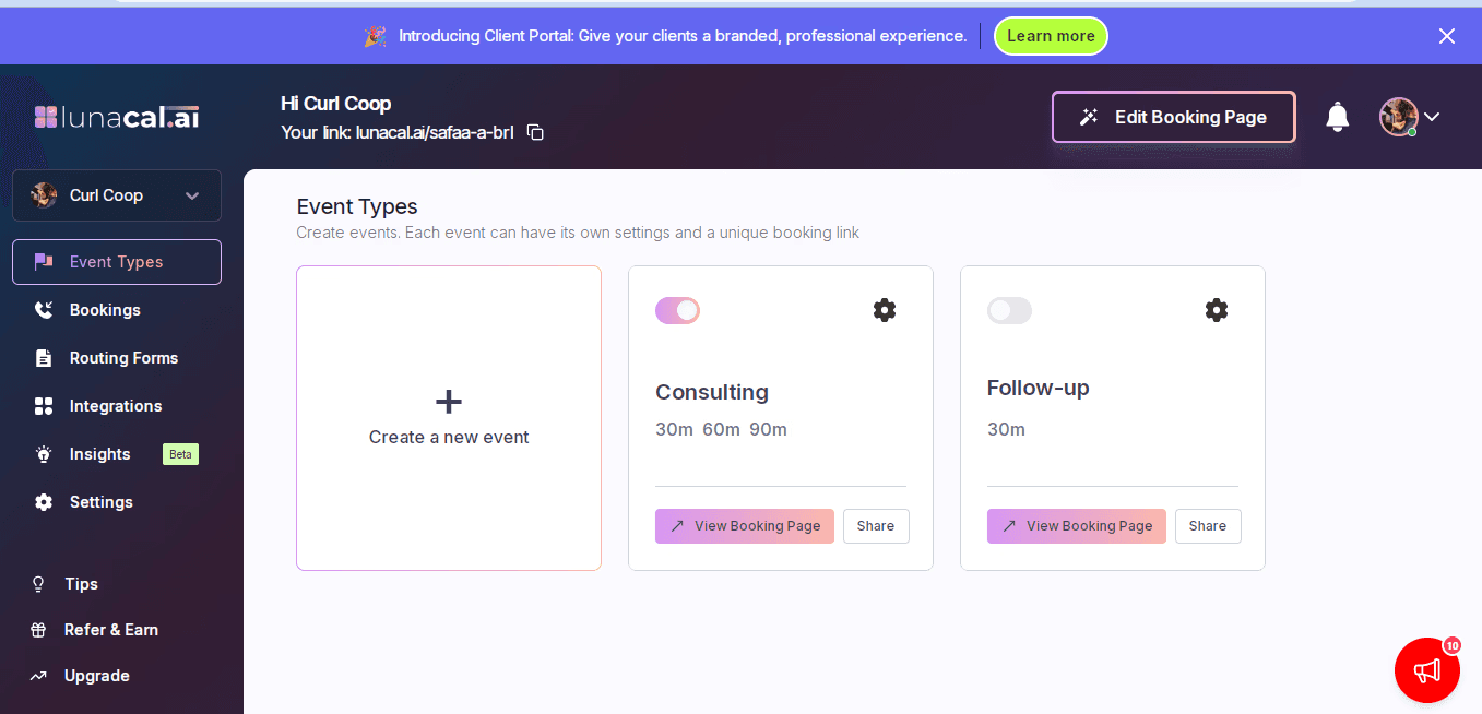 Lunacal.ai event types dashboard