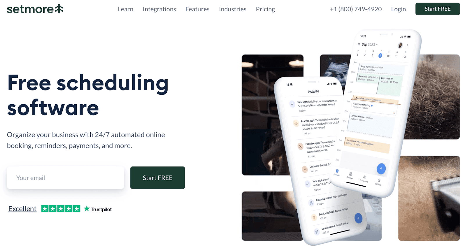 Setmore homepage hero with app screenshots