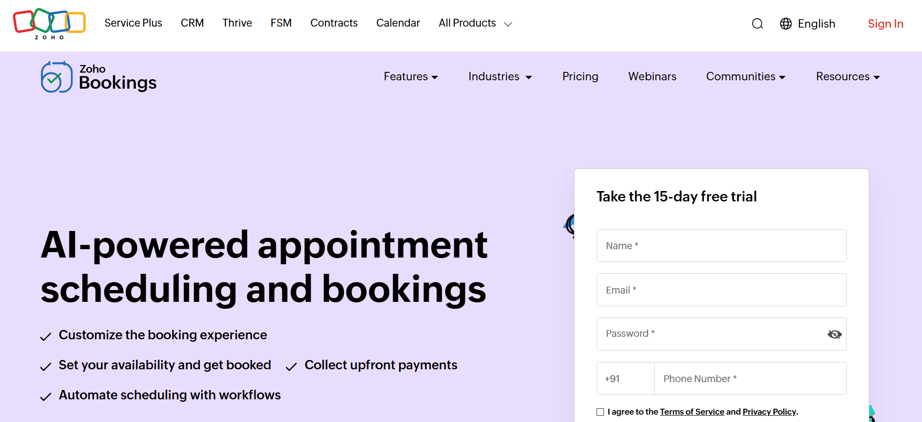 Zoho Bookings homepage