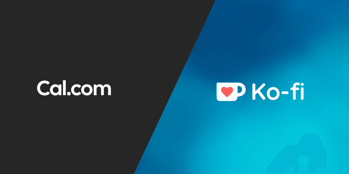 Cal.com and Ko-fi logos on split dark background