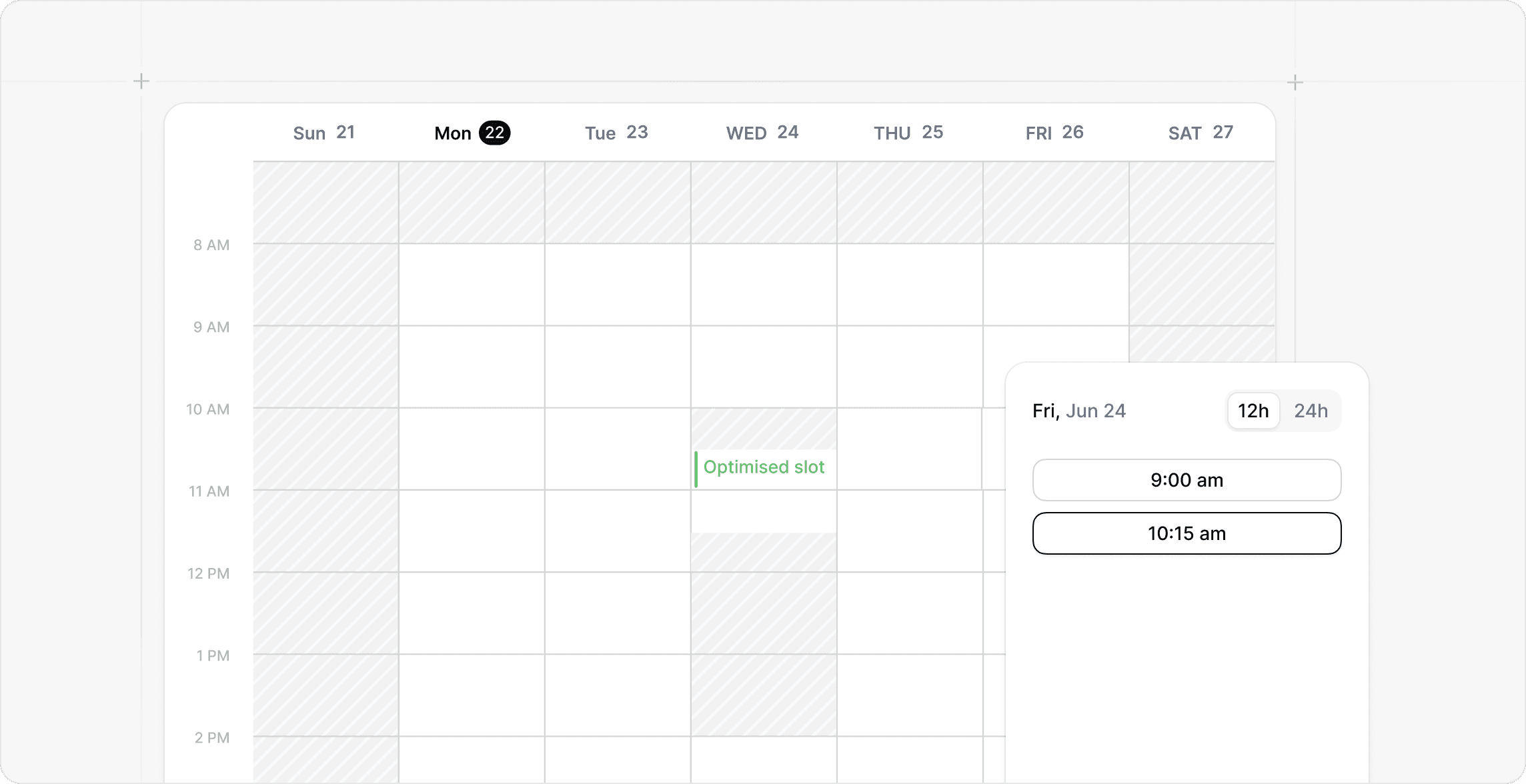 Cal.com weekly calendar with optimized slot and time picker