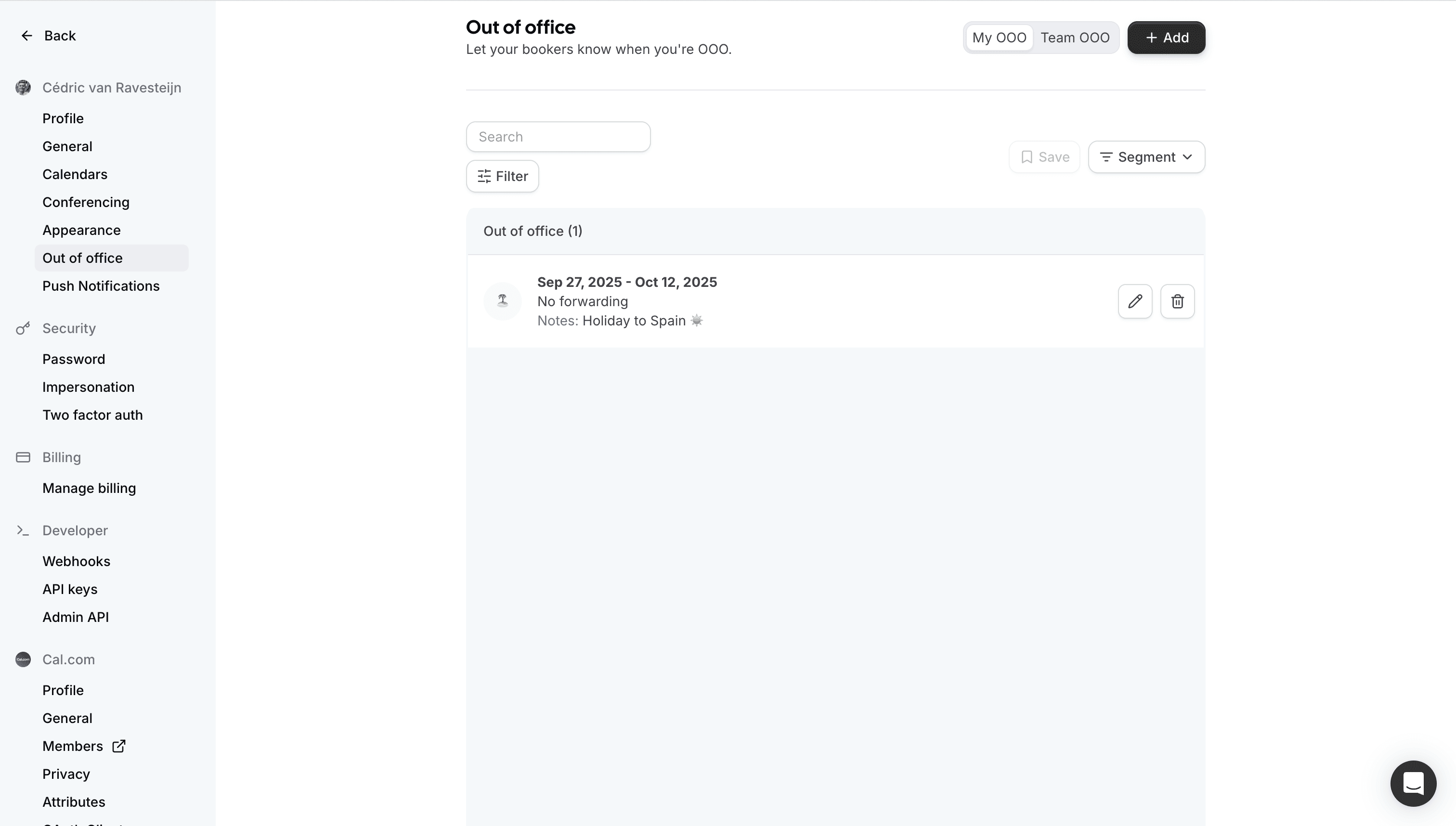 Cal.com out of office settings page