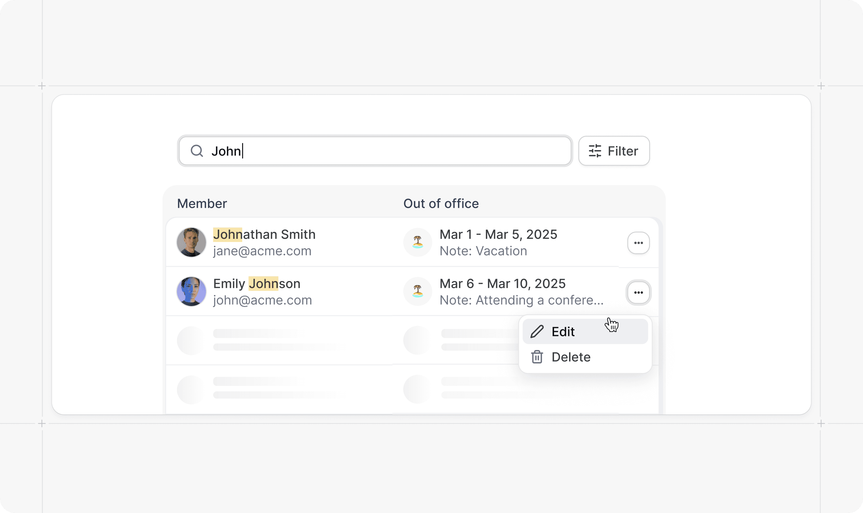 Out of office list with edit and delete menu