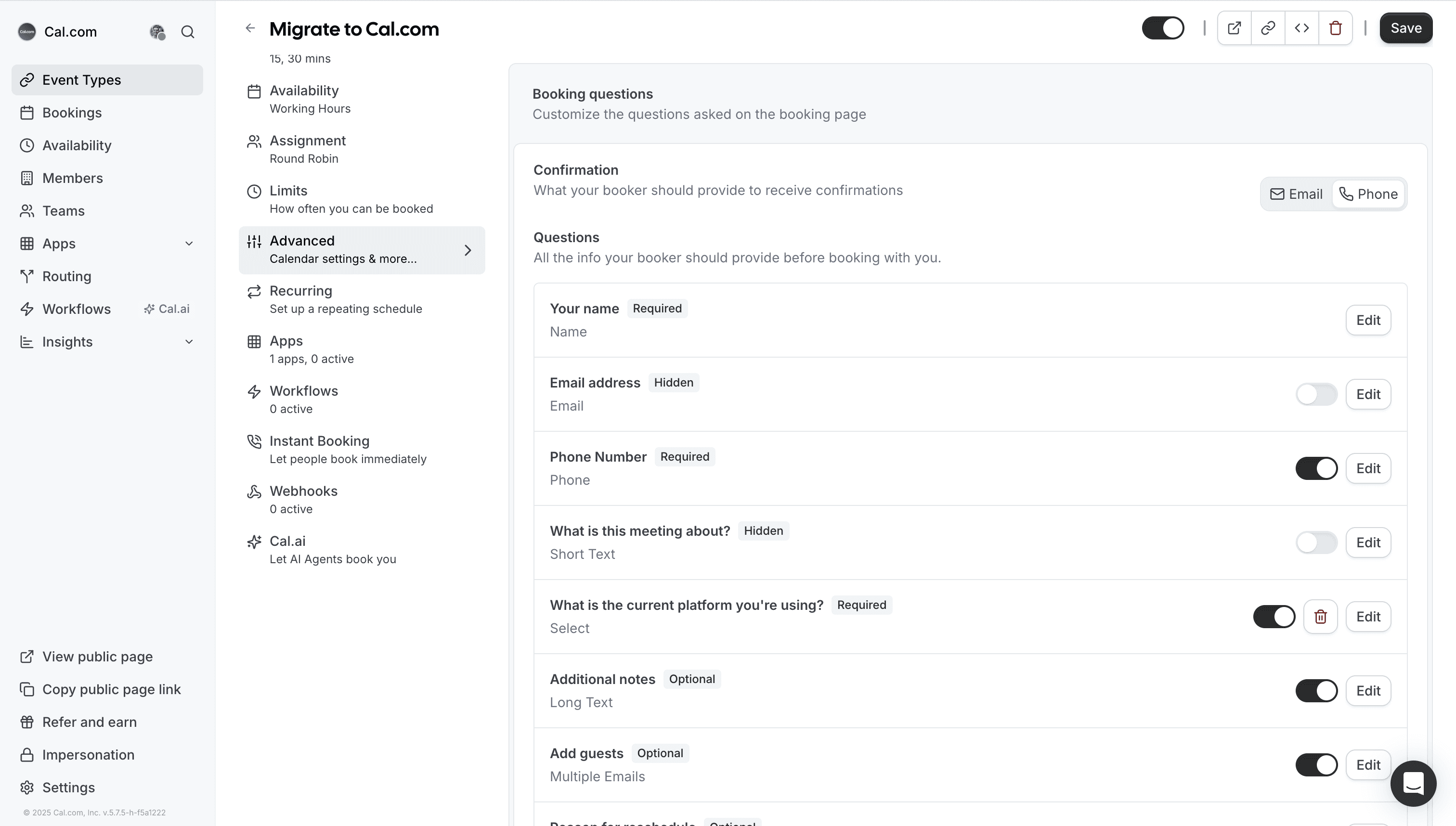 Cal.com booking questions and advanced settings page