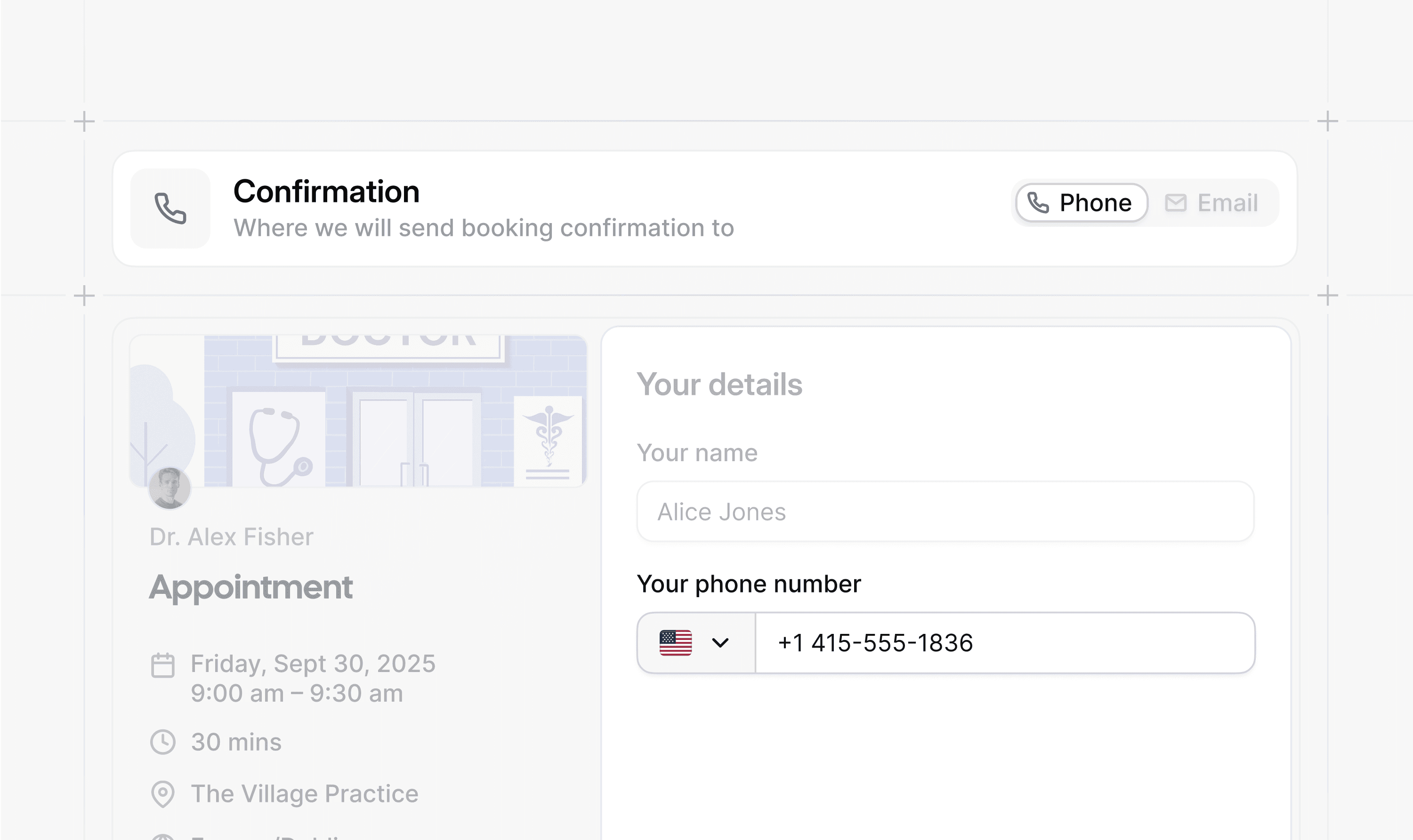 Cal.com booking confirmation form with phone number field