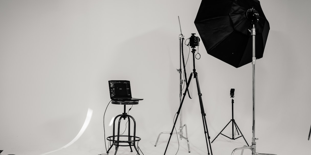 Photography studio lighting and camera equipment setup