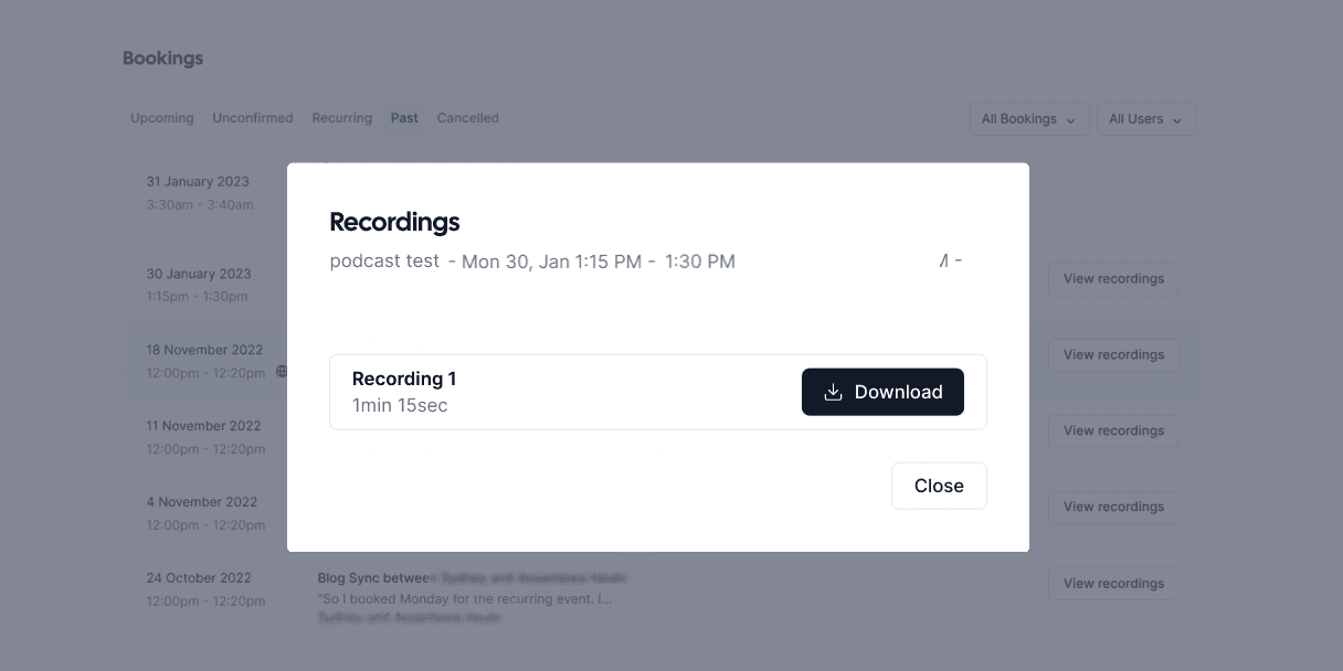 Cal.com bookings page with a recordings download modal
