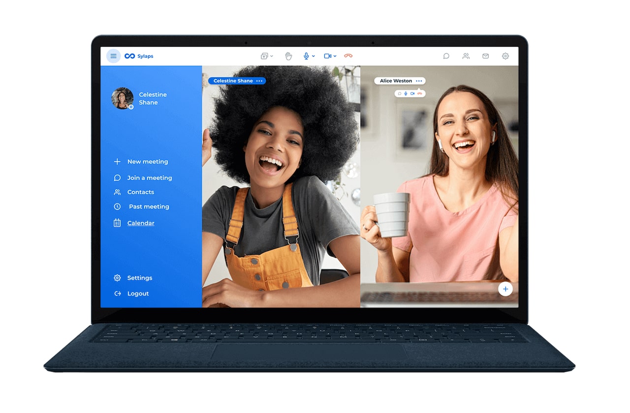 Laptop screen showing a video call between two women