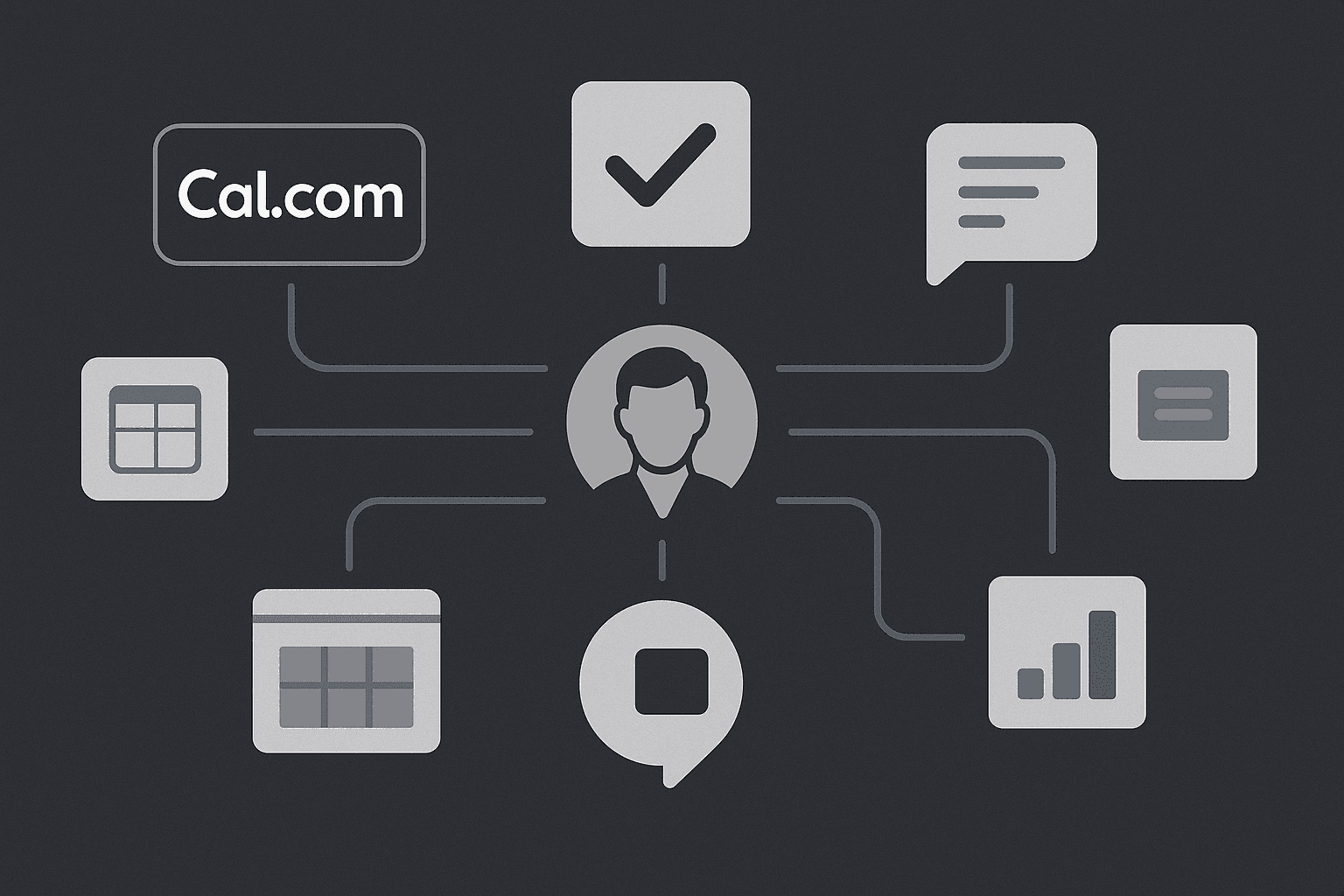 Icons of productivity apps connected around a person