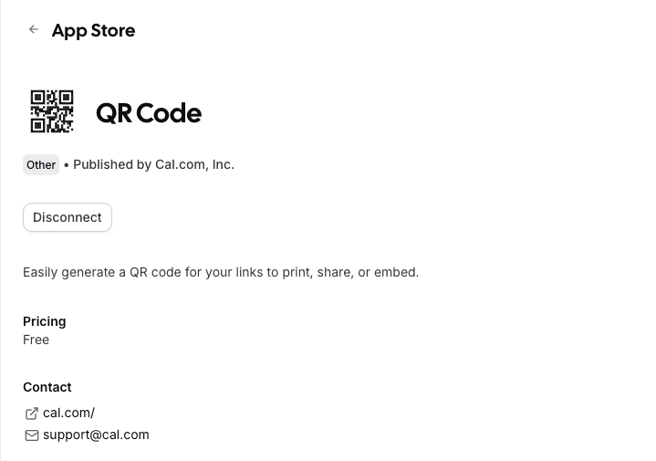 Screenshot of Cal.com QR Code app store listing