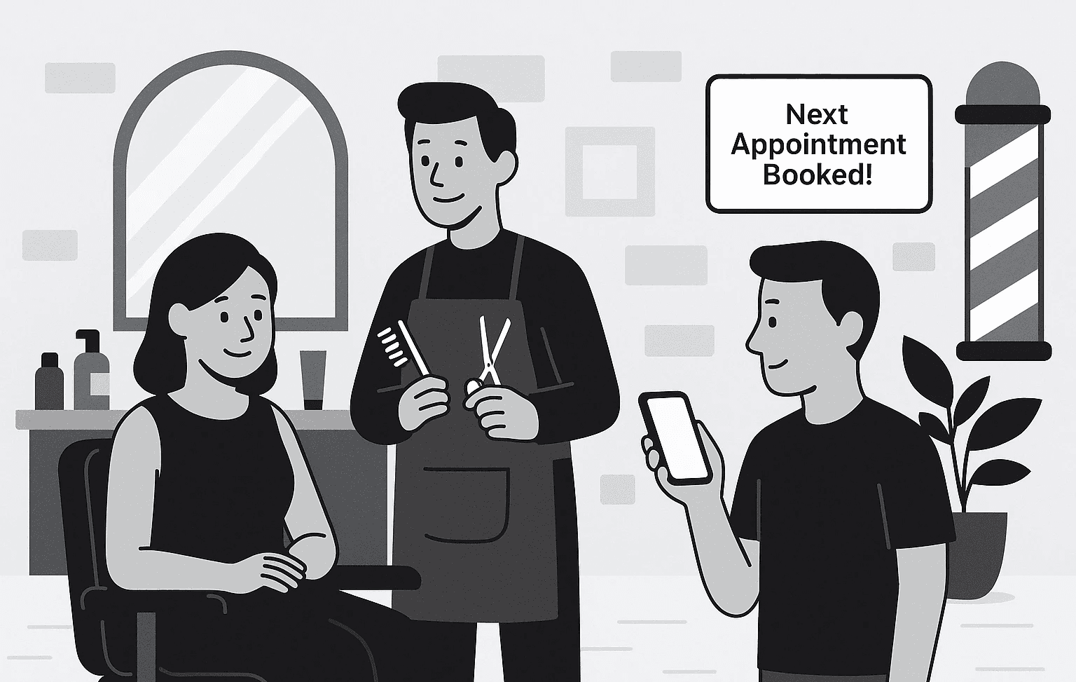 Illustration of a barber and a customer booking an appointment