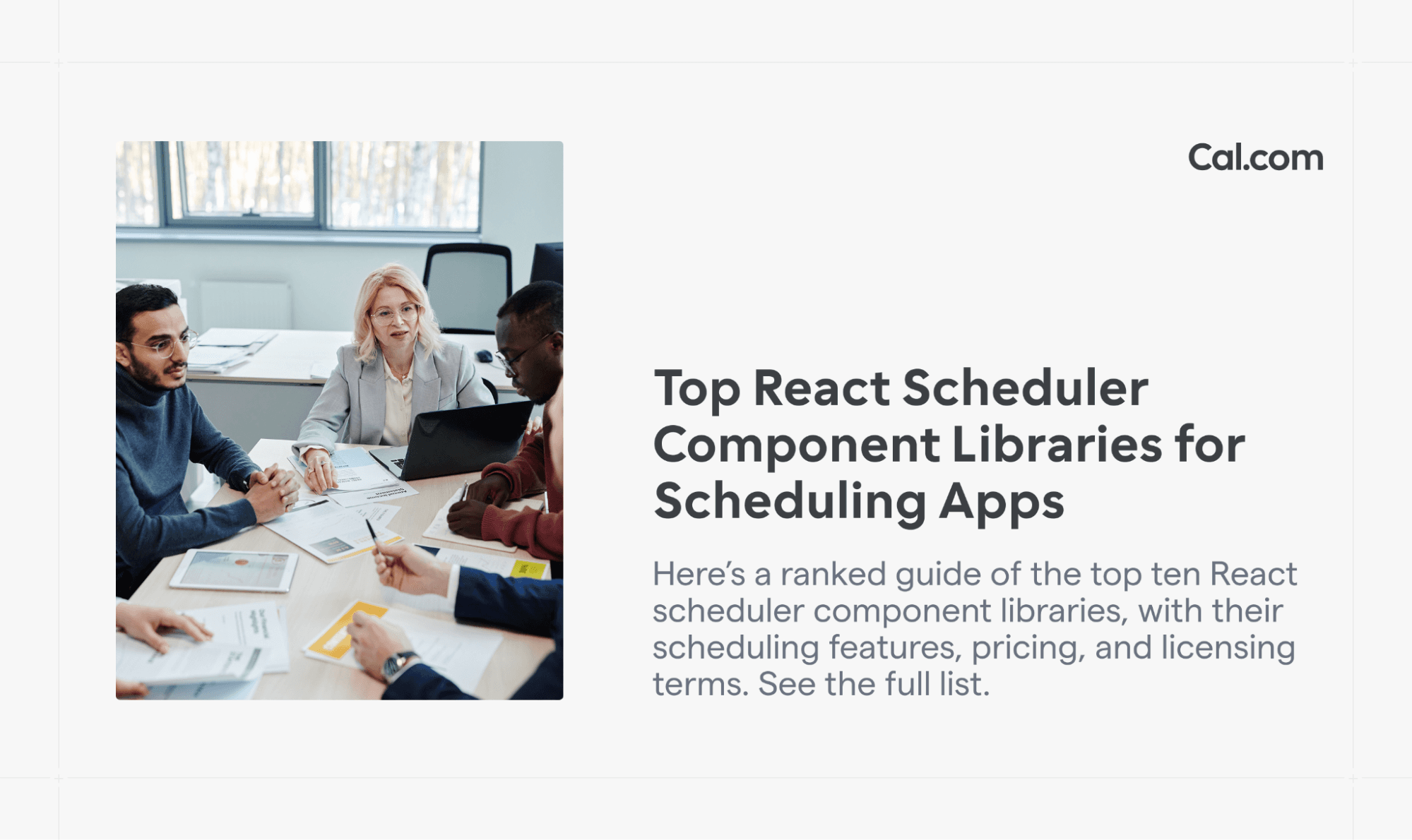 Team meeting around table next to React scheduler blog title