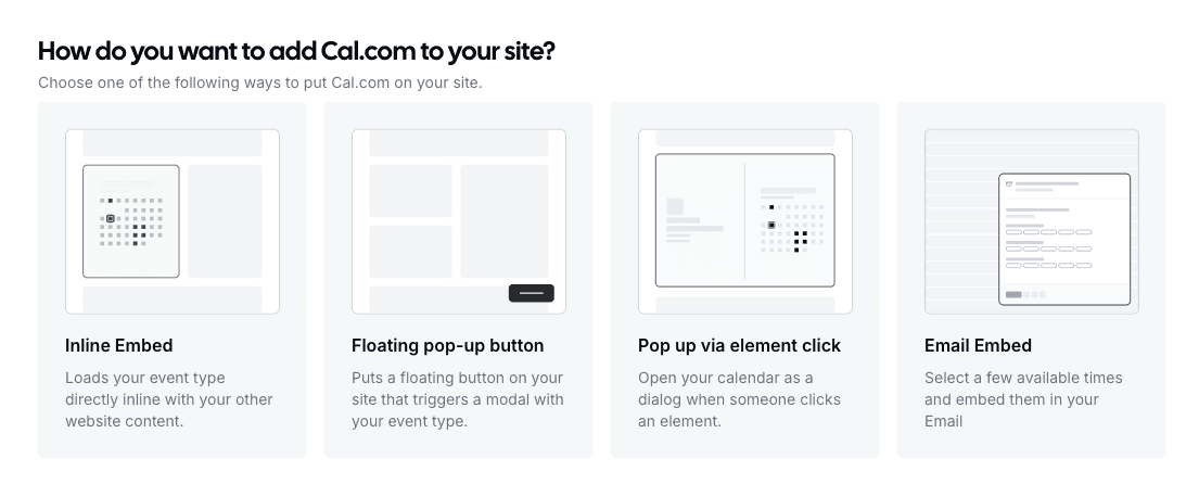 Cal.com website embed options for adding booking