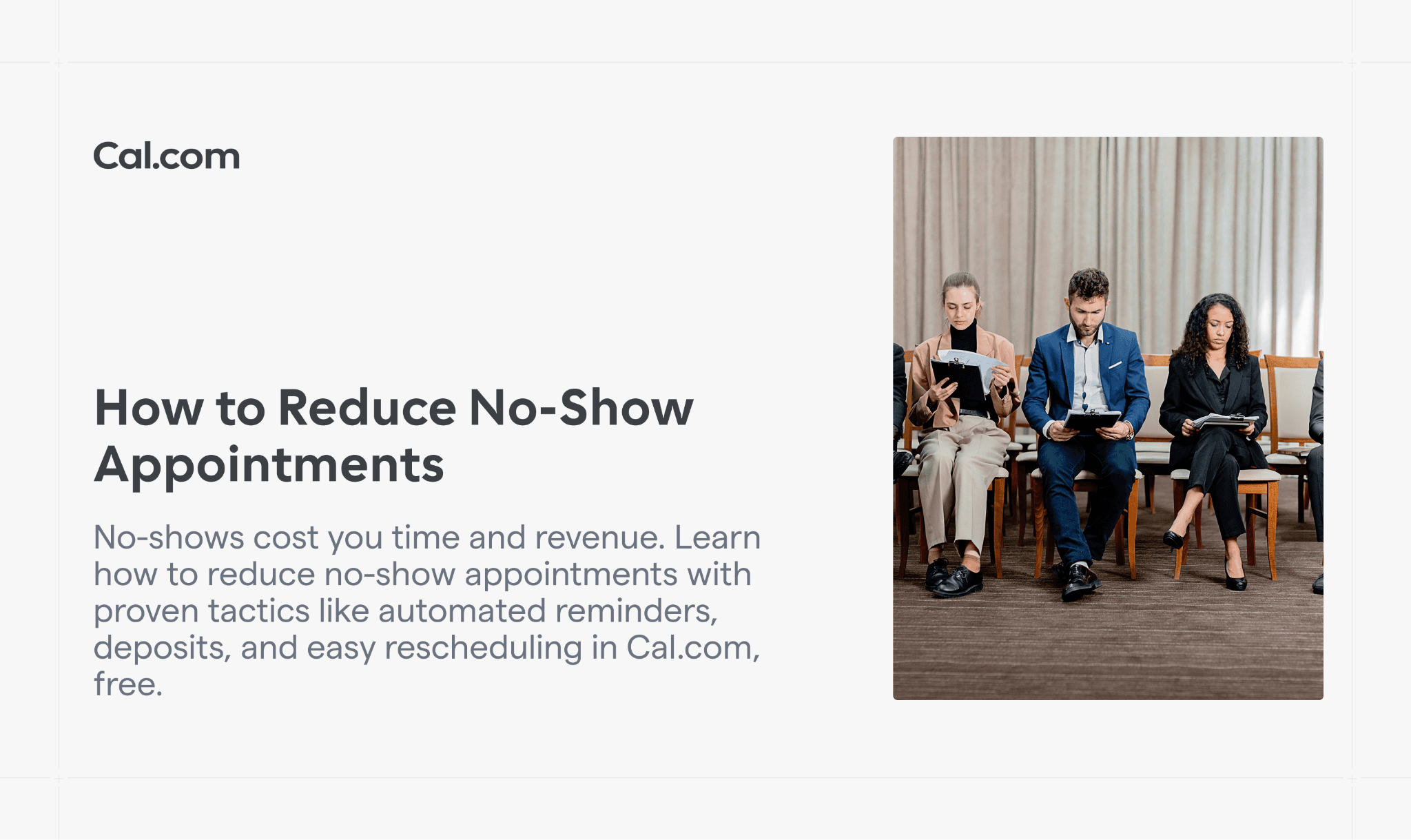 People waiting in chairs beside Cal.com logo