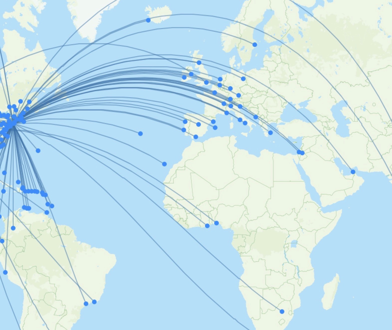 World map with flight routes to a hub