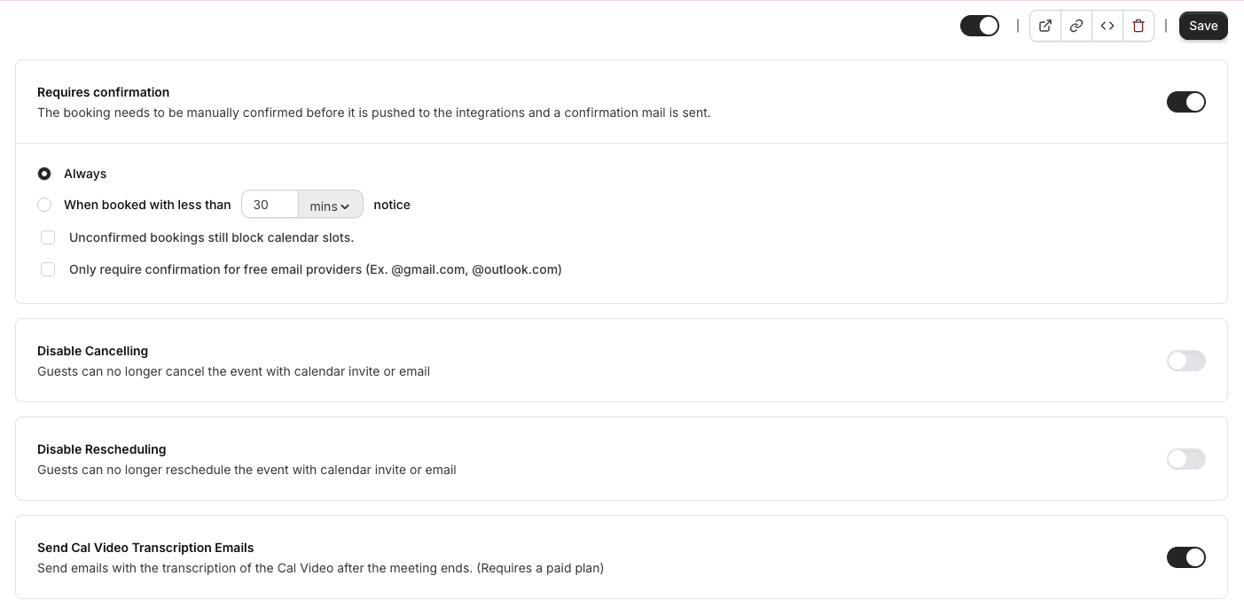Cal.com requires confirmation booking settings