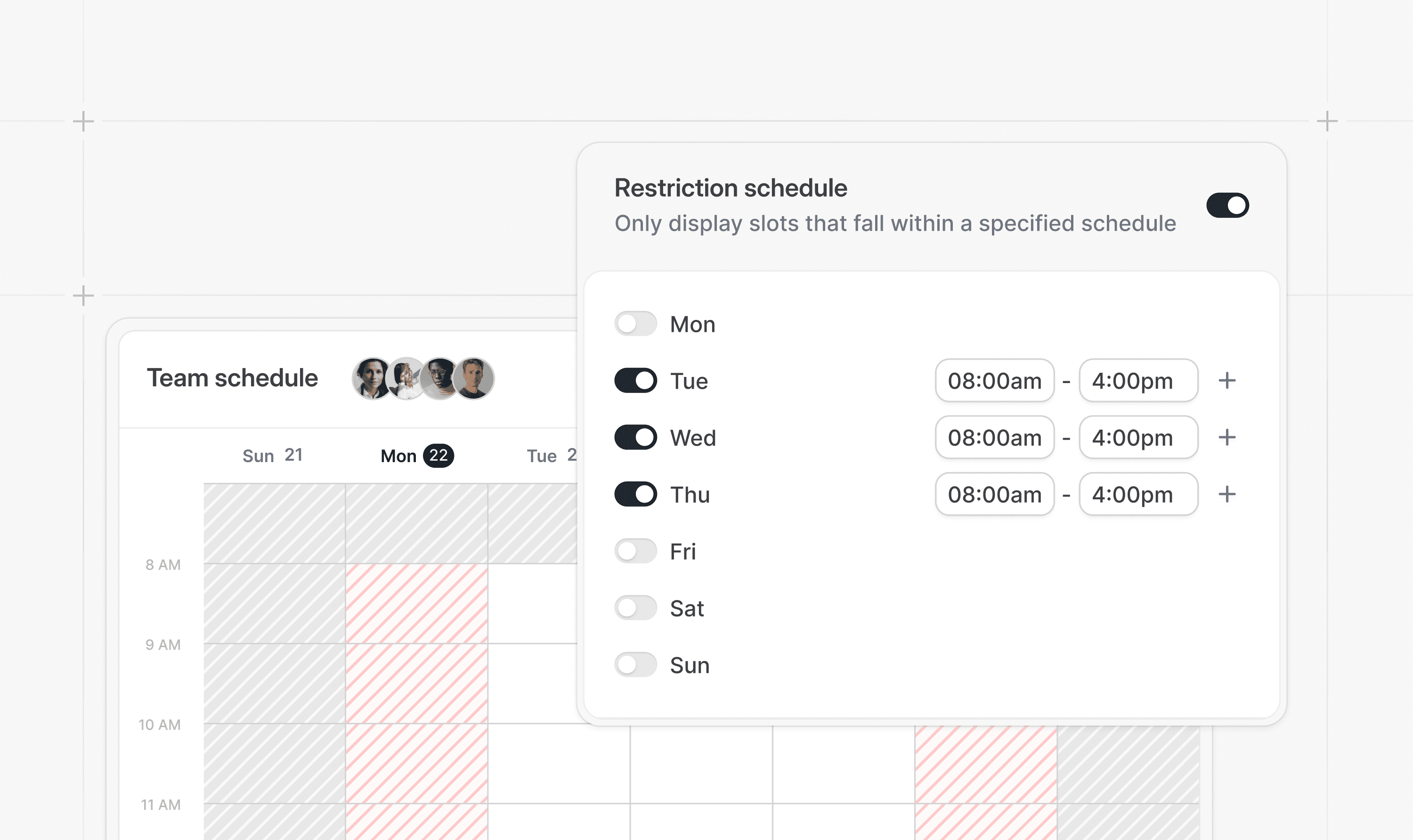 Restriction schedule settings over a team availability grid