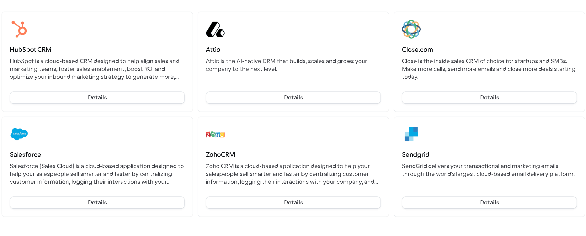 A grid of integration cards for various CRM and marketing tools, including HubSpot CRM, Salesforce, Attio, Zoho CRM, Close.com, and SendGrid, showcasing scheduling platform connectivity.
