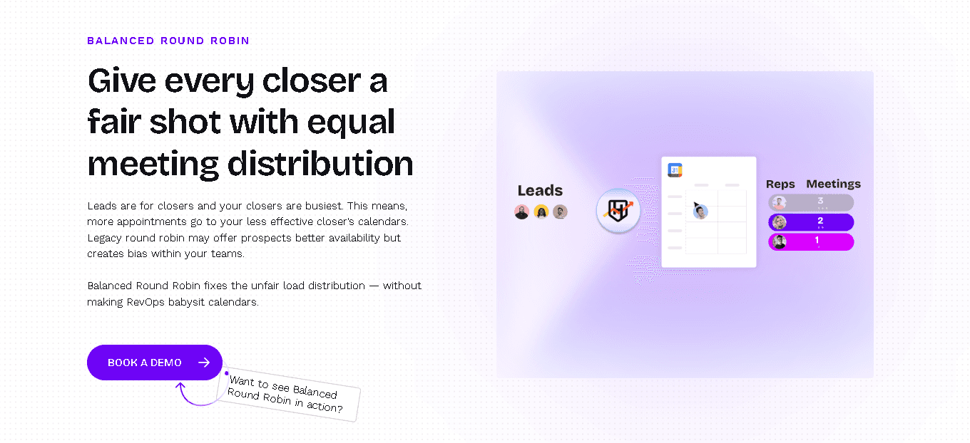 A product feature page for RevenueHero titled "Give every closer a fair shot with equal meeting distribution," featuring a diagram that illustrates balanced round-robin scheduling for sales teams.