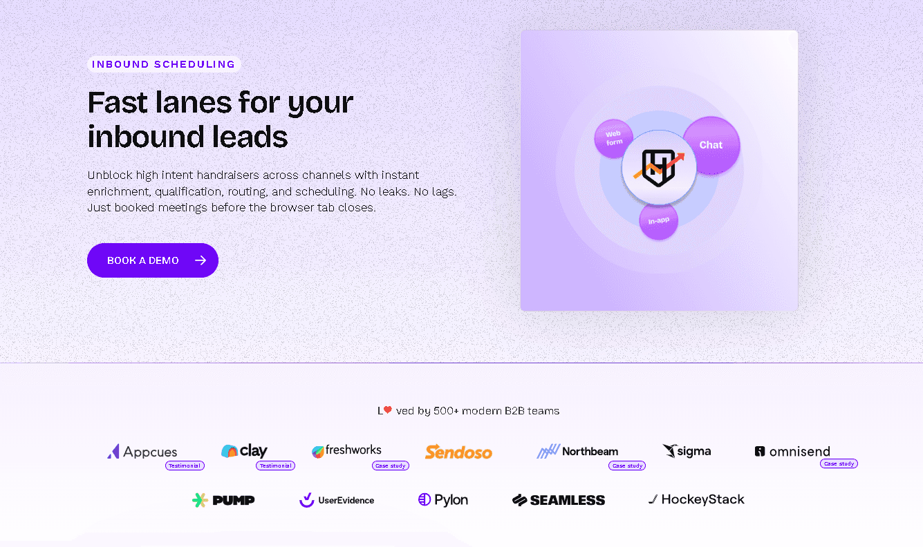A product feature section for RevenueHero titled "Fast lanes for your inbound leads," showcasing a graphic of multi-channel lead capture from web forms, chat, and in-app sources.