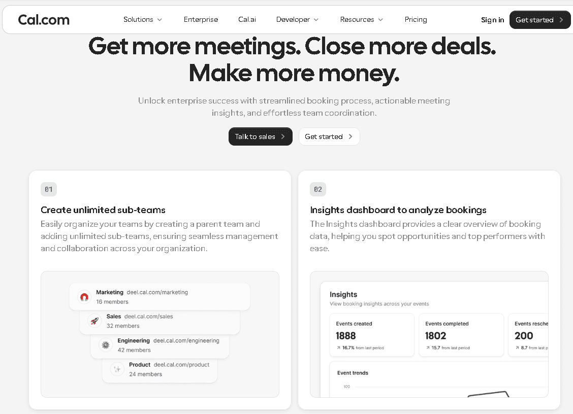 Cal.com Enterprise landing page featuring headlines about revenue growth and two feature cards: one showing a hierarchical list of unlimited sub-teams (Marketing, Sales, Engineering, Product) and another showing an insights dashboard for analyzing booking data and event trends.