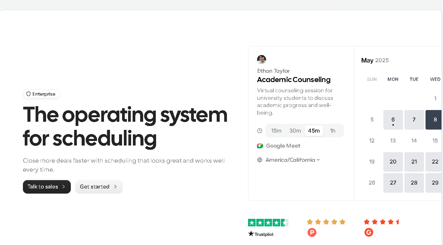 Cal.com Enterprise page with the headline "The operating system for scheduling," featuring an Academic Counseling booking page example with Google Meet integration.