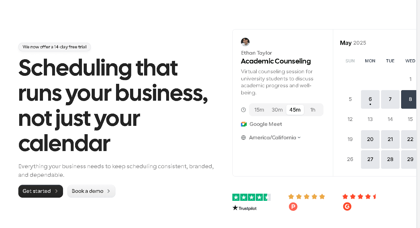 Cal.com homepage with the headline "Scheduling that runs your business, not just your calendar," featuring a 14-day free trial callout and an academic counseling booking page preview.