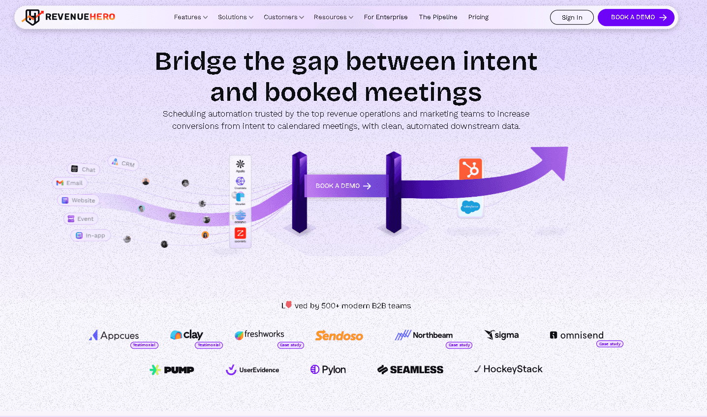 RevenueHero homepage showing the headline "Bridge the gap between intent and booked meetings" and a diagram illustrating how it routes leads from various channels into a CRM like HubSpot or Salesforce.