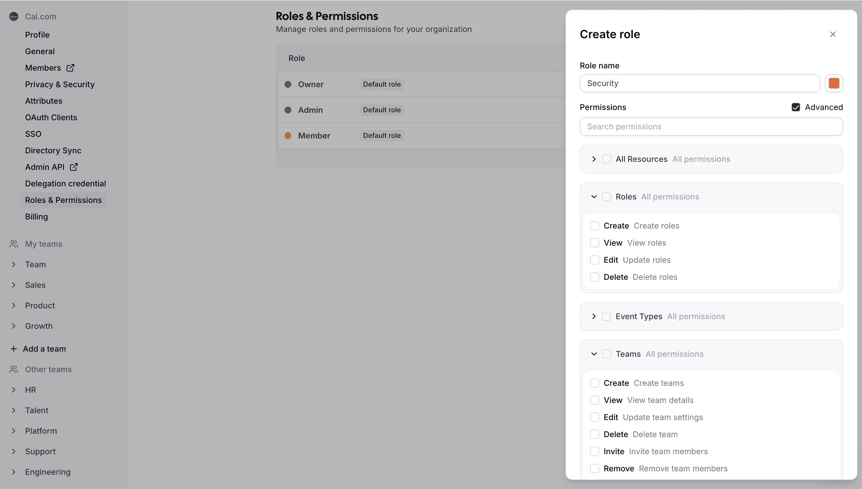 Cal.com create role permissions dialog