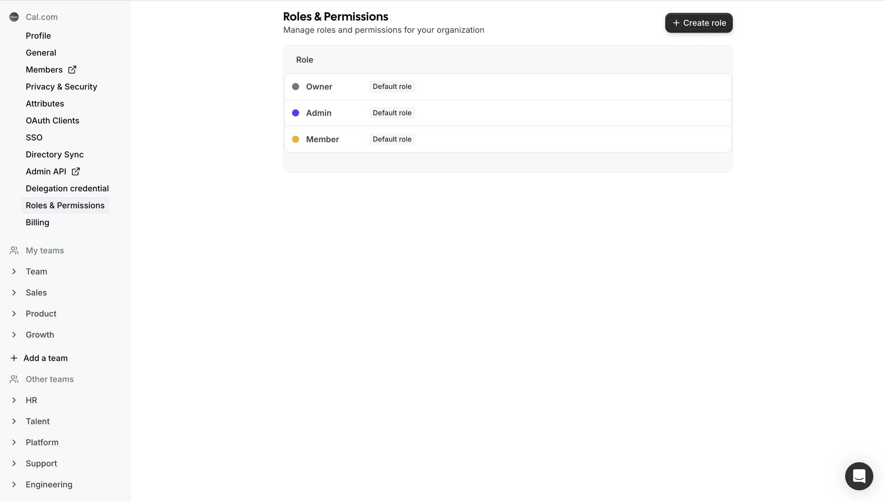 Cal.com roles and permissions settings screenshot