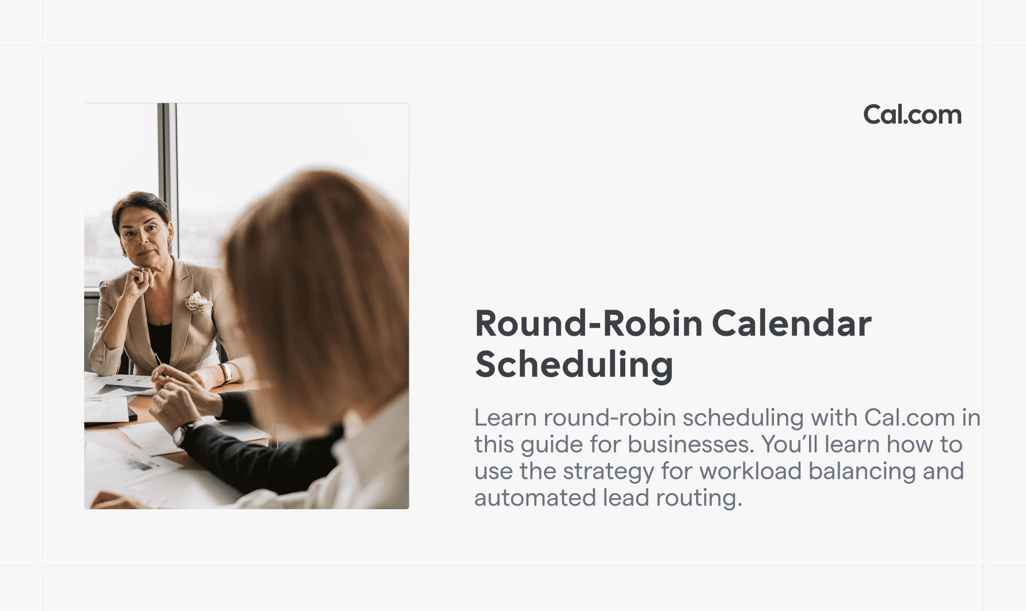 Cal.com round-robin scheduling article with two people in meeting