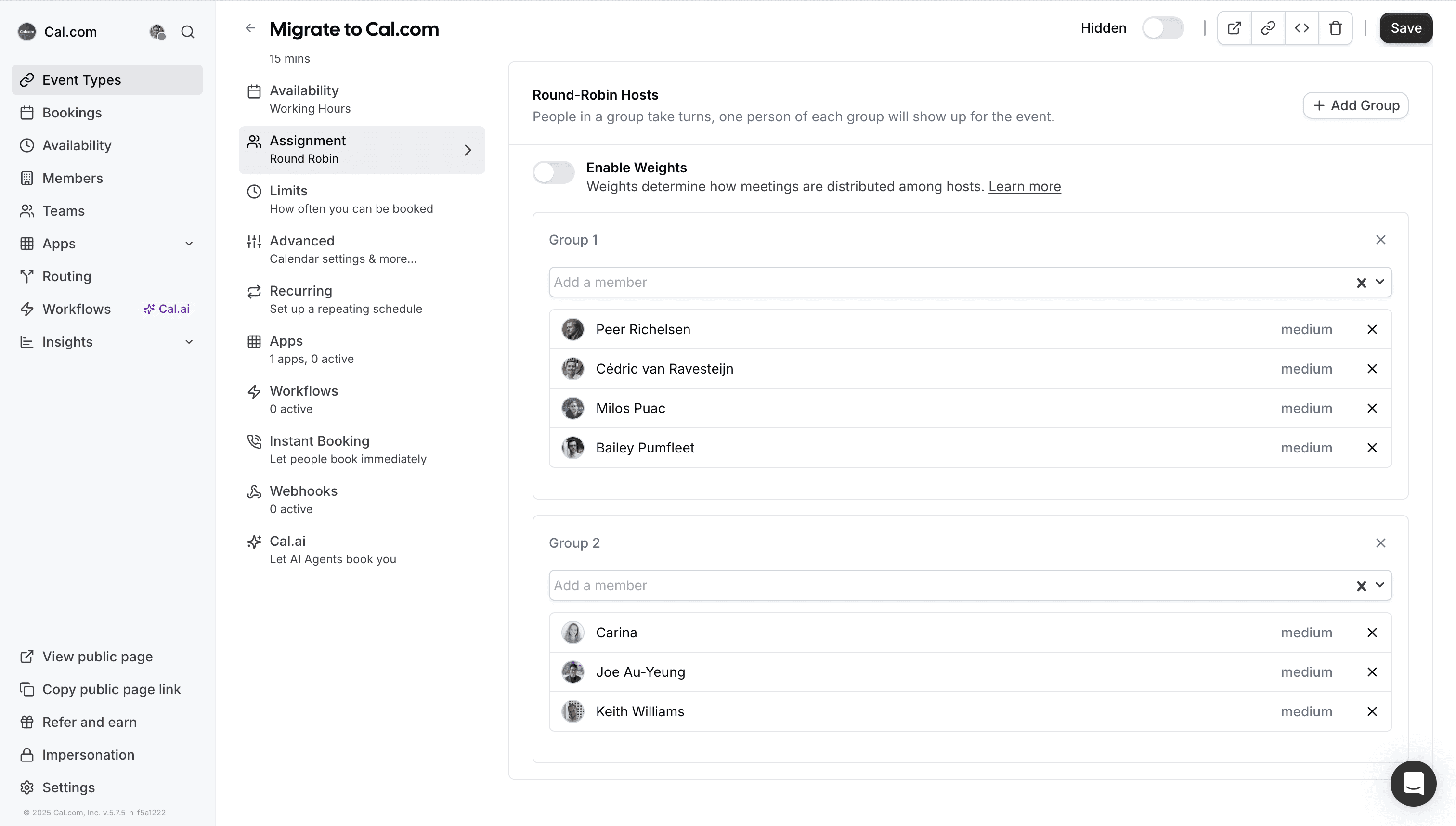 Screenshot of Cal.com round-robin host group settings