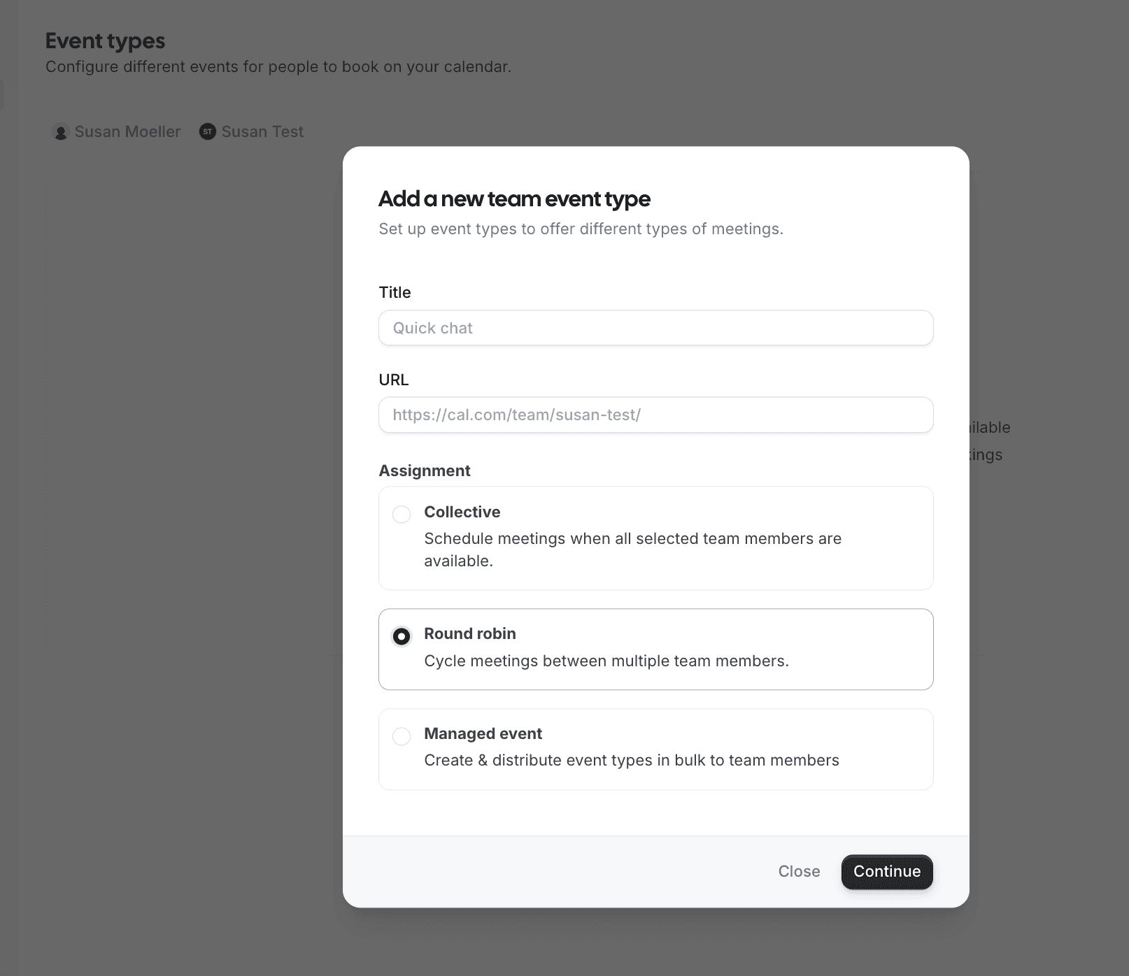 Cal.com add new team event type dialog