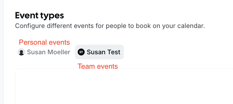 Screenshot of Cal.com personal event types list