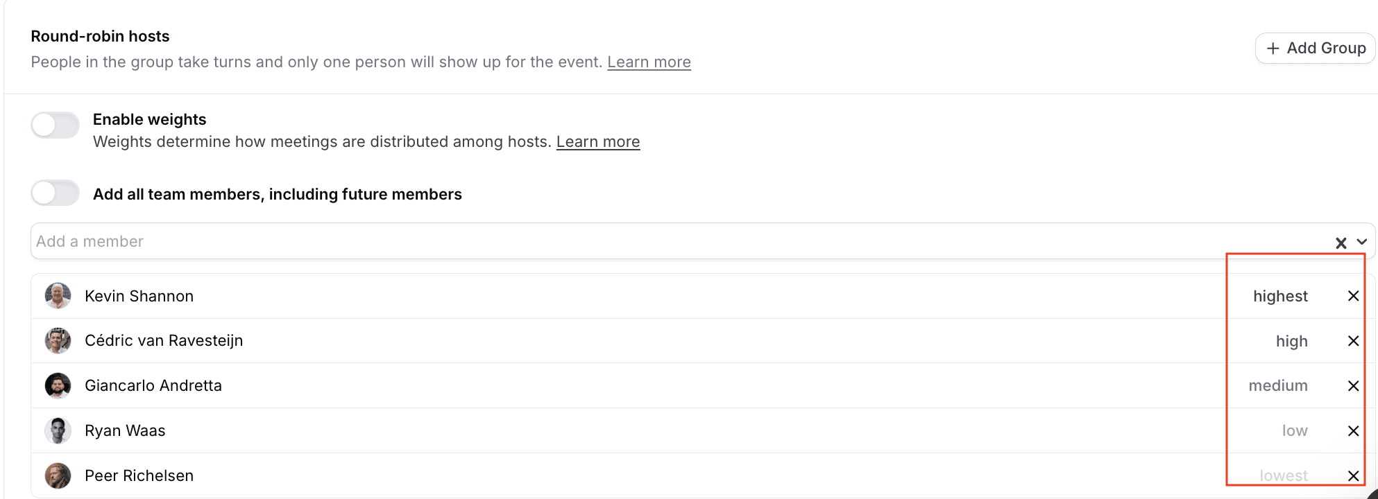 Cal.com round-robin host weighting settings