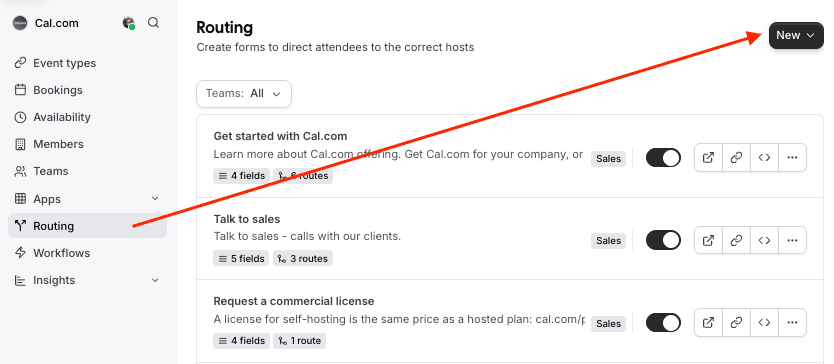 Cal.com routing forms dashboard with new form button
