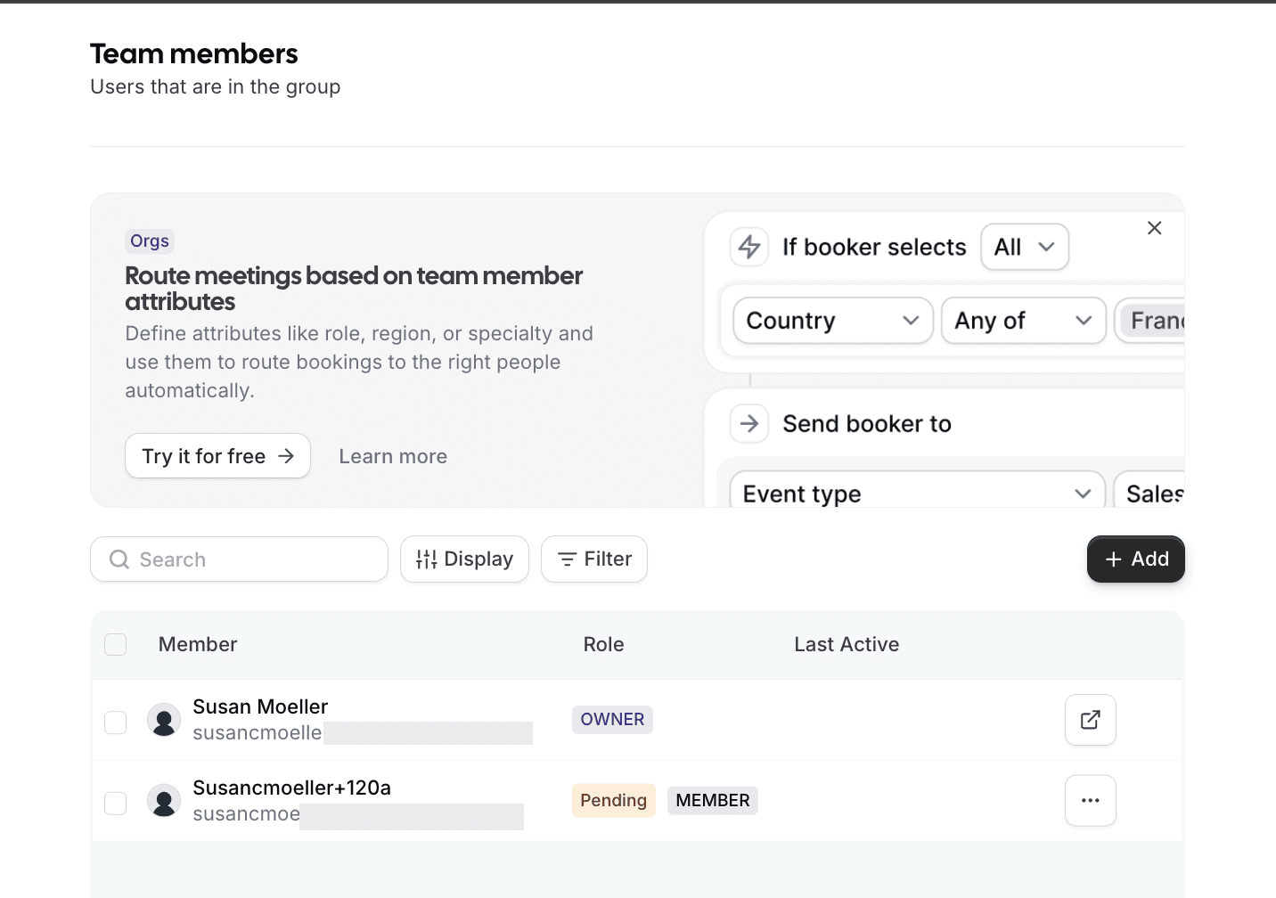 Cal.com team members list beside routing rule builder