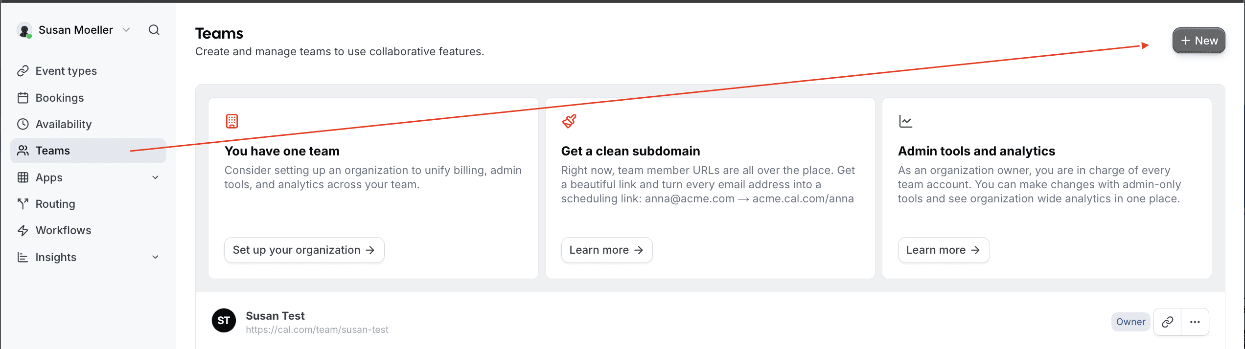 Cal.com teams settings page with new team button highlighted