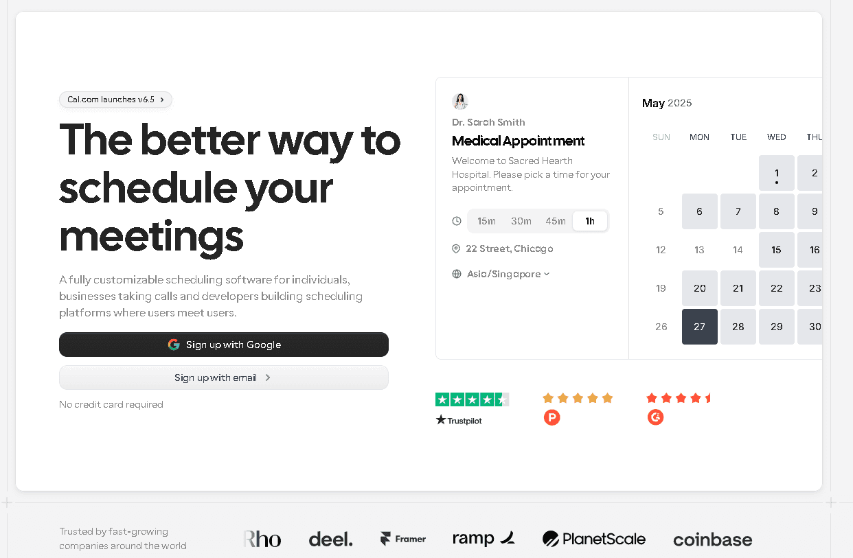 Cal.com homepage interface displaying the headline "The better way to schedule your meetings" alongside an interactive calendar booking widget and user review badges.