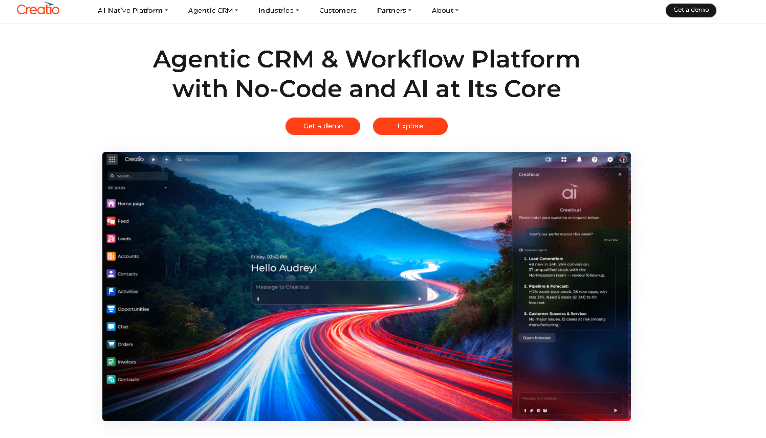 Creatio homepage displaying the headline "Agentic CRM & Workflow Platform with No-Code and AI at Its Core" above a preview screenshot of the dynamic Creatio dashboard and AI copilot sidebar.