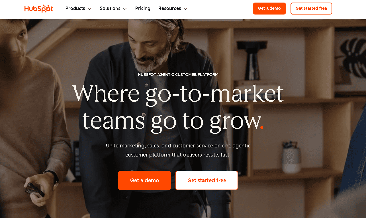HubSpot homepage displaying the headline "Where go-to-market teams go to grow" under the label "HubSpot Agentic Customer Platform," featuring call-to-action buttons for getting a demo or starting for free.