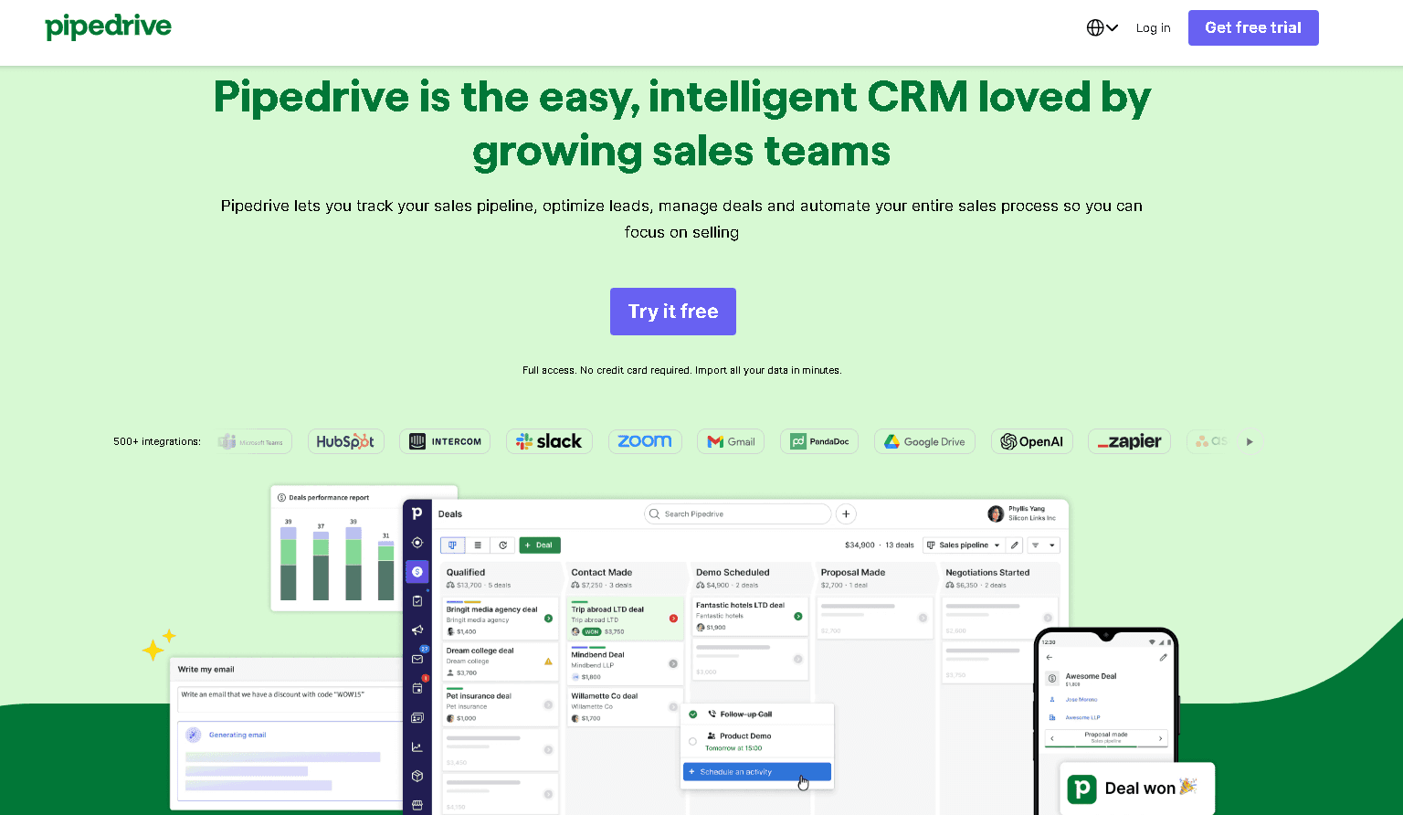 Pipedrive landing page displaying the headline "Pipedrive is the easy, intelligent CRM loved by growing sales teams" above a screenshot of its visual deal pipeline and mobile tracking interface.